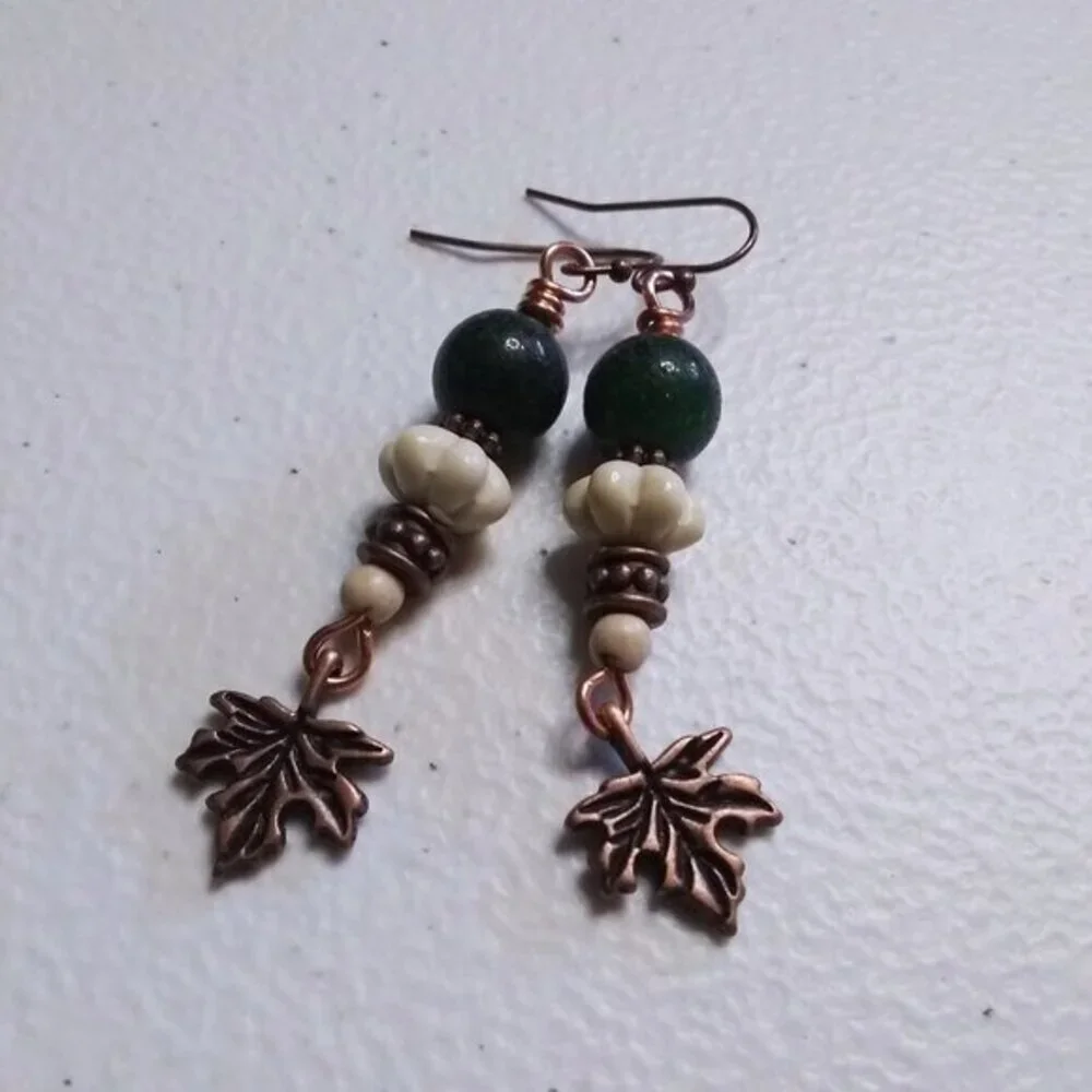 Copper Maple Leaf + Stone Beads Dangle Earrings | Fall Countrycore Cabincore - Picture 8 of 12